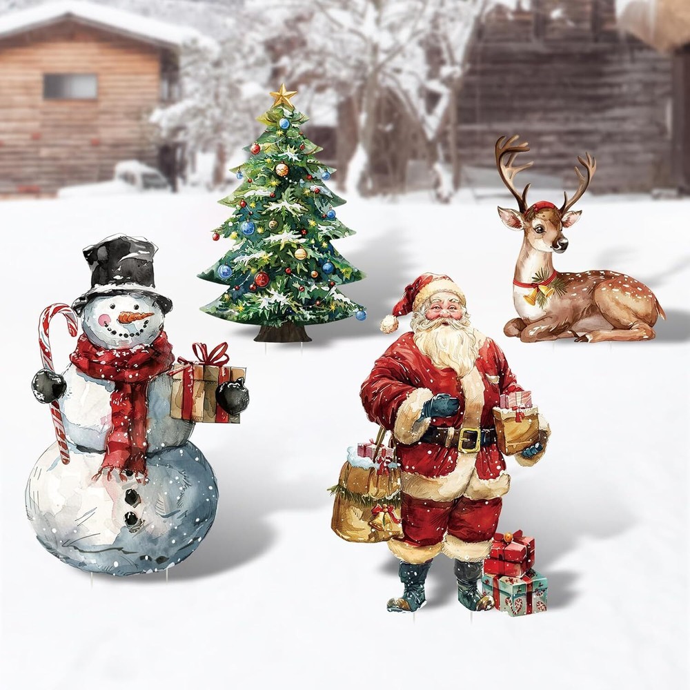Christmas Decorations Outdoor: 4Pcs Xmas Tree Santa Claus Snowman Reindeer outsi