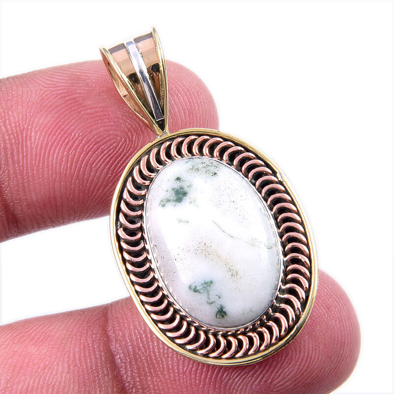 Natural Green Dendrite Opal Gemstone 925 Solid Silver TwoTone Pendant 1.50