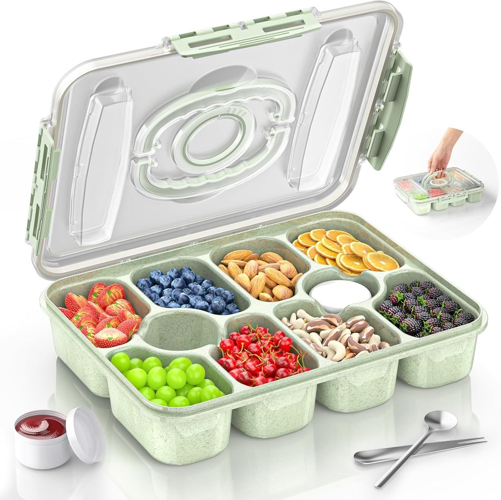 Snackle Box Container - Dishwasher Safe Divided Serving Tray with Lid and Handle
