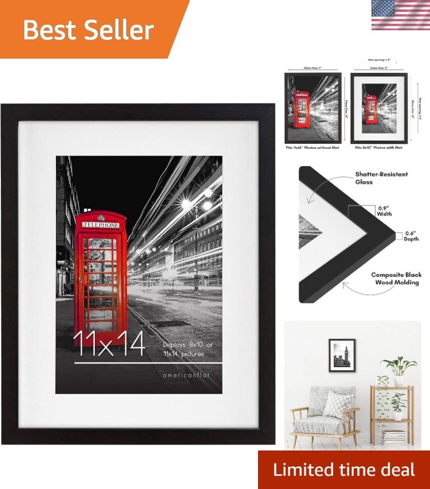 Black 11x14 Modern Frame - Shatter-Resistant Glass & Mat Included  