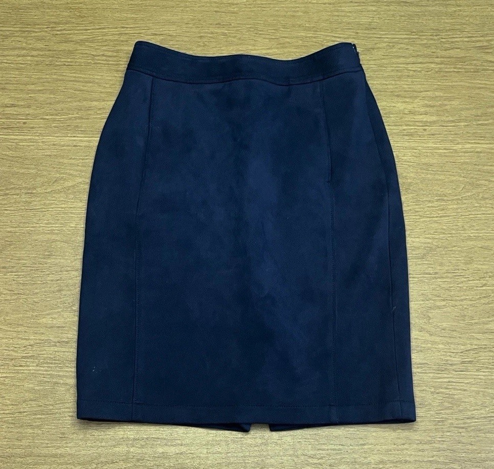 Loft Navy Blue Faux Suede Pencil Skirt, Knee Length, Flat Front, Pockets, Sz 2