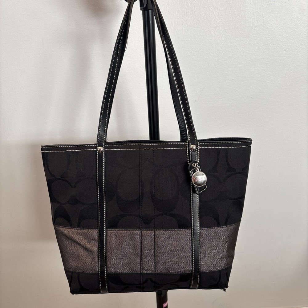Coach Gallery Medium Black Handbag with Silver Accents & Stripe Detail