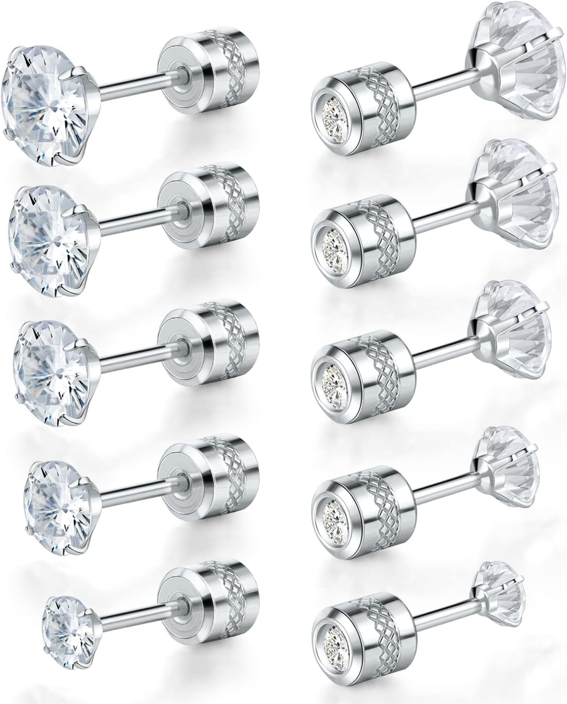 Pack of 5 round CZ Screw Flat Back Earrings Hypoallergenic for Sensitive Ears
