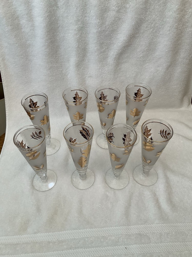Vintage MCM Libbey Golden Foliage Footed Pilsner Glasses Set of 8