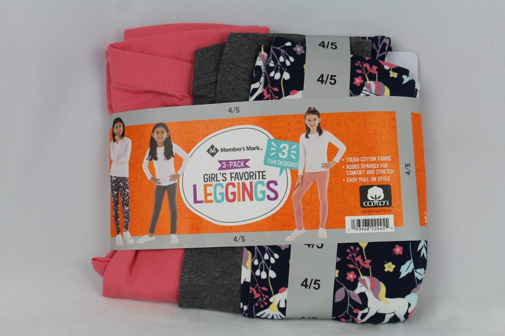 Members Mark Girls Unicorn Print Leggings 3-Pack Grey Rose Sand Size 4/5-image