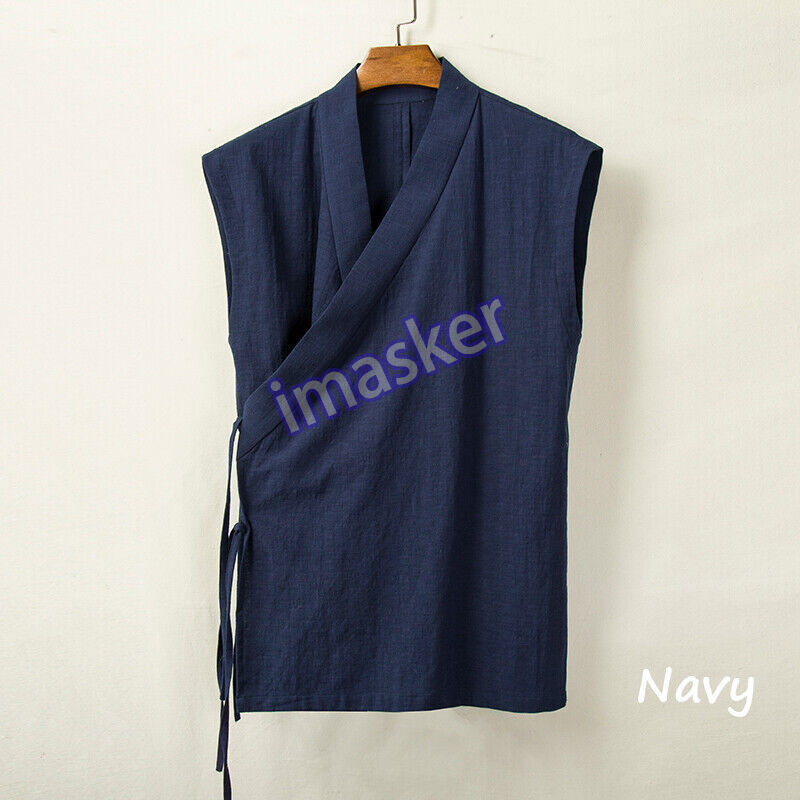 Chinese Retro Men's Hanfu Waistcoat Tank Top Sleeveless Lace Up Tee Shirt Sports
