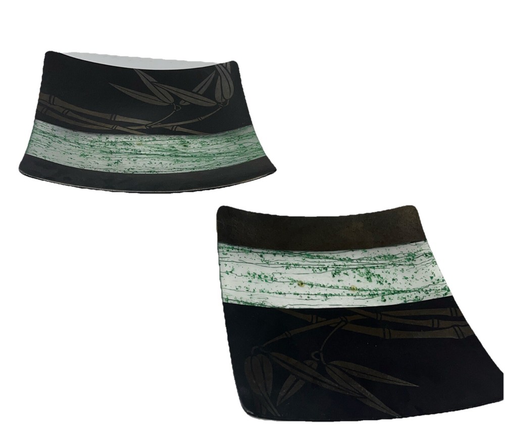 2-Piece Sushi Glass Tray Set in Multicolor & Bamboo - 12x12in & 10x10in