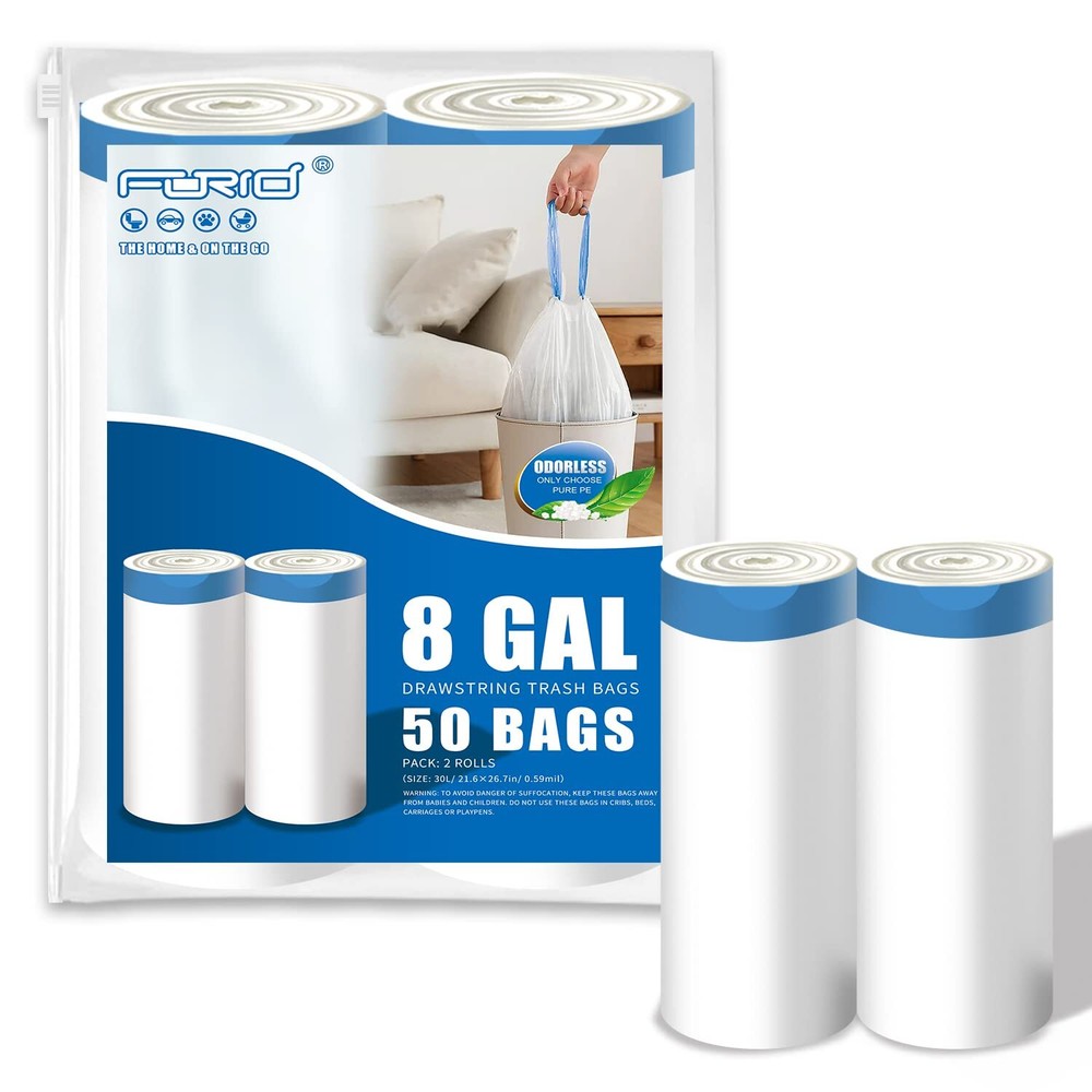 Kitchen Drawstring Trash Bags - 8 Gallon Medium Garbage Bags White Unscented ...