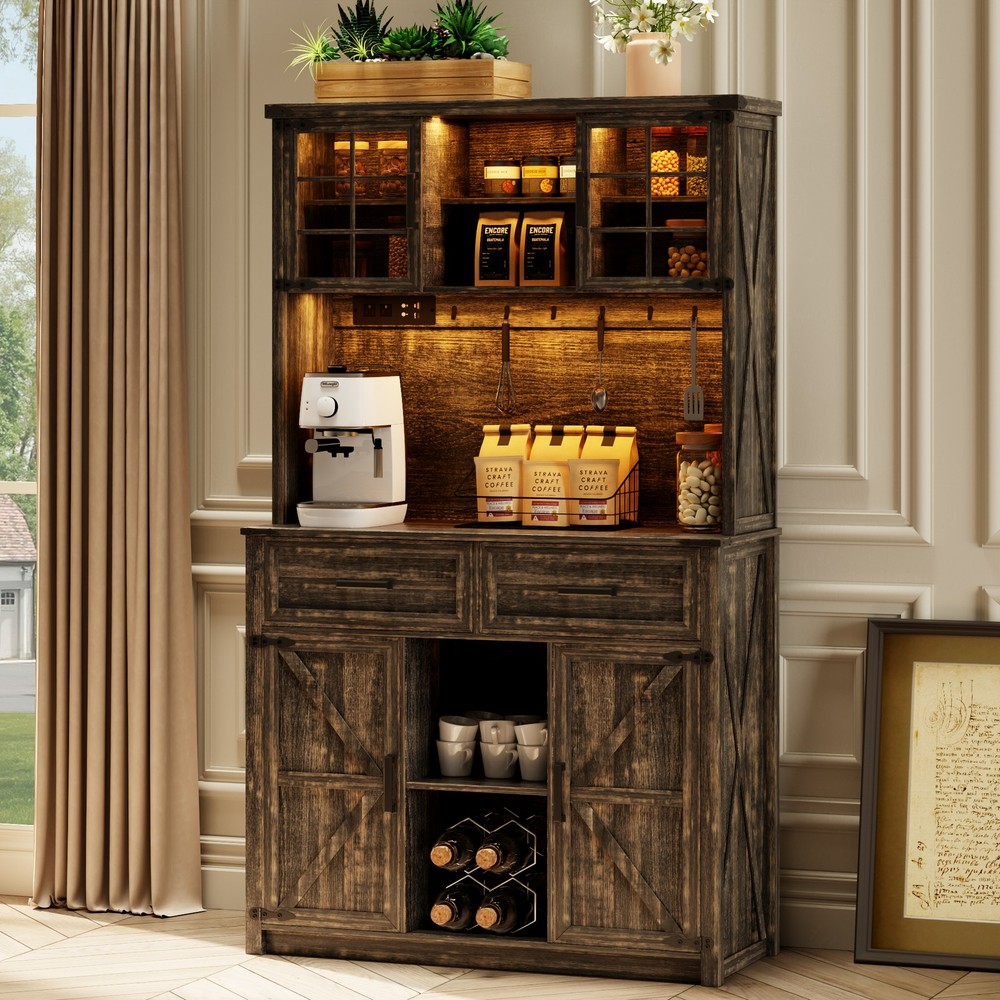 Farmhouse Bar Cabinet with LED Lights, Power Outlets & Storage