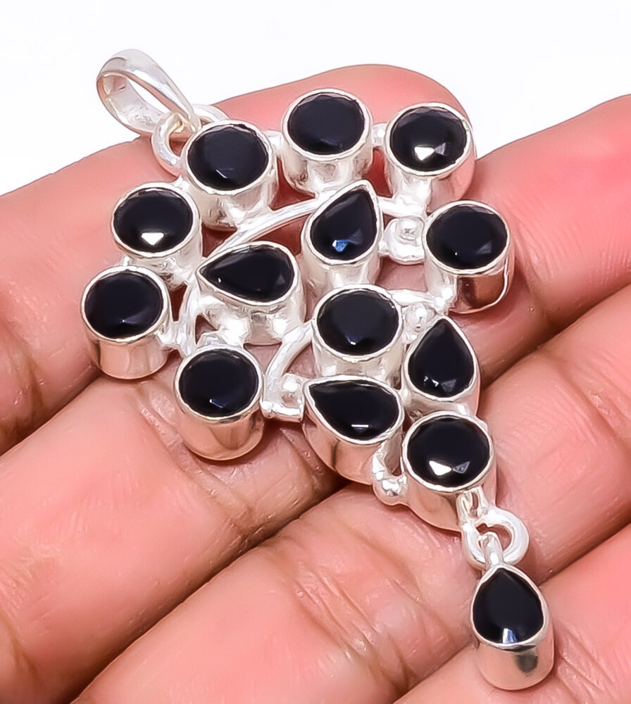 Black Onyx Gemstone 925 Sterling Silver Handmade Pendant Necklace 2.42 Inch A46