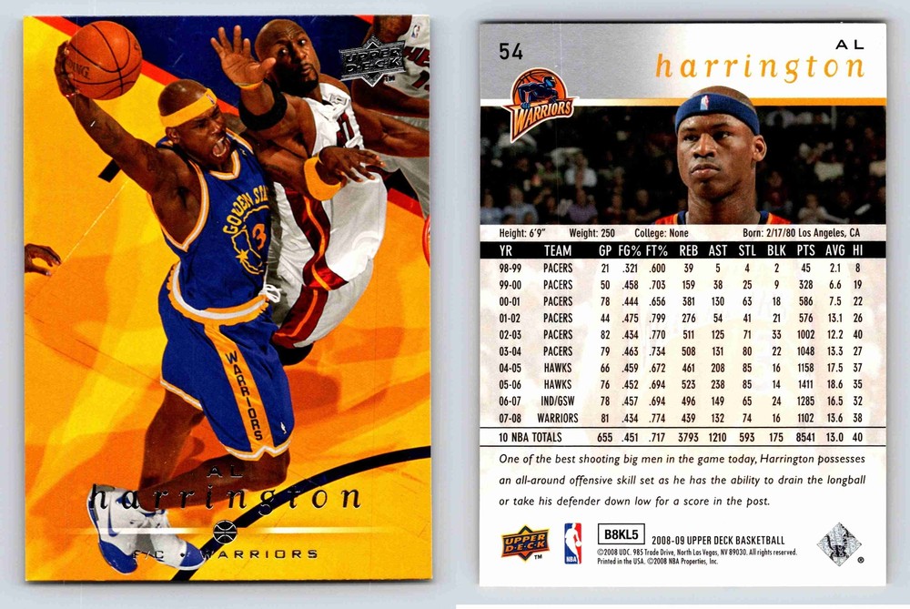 Al Harrington Golden State Warriors Upper Deck 2008 Card 54 Basketball