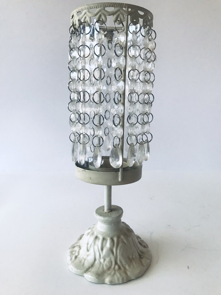 Ivory cast iron base glass cylinder chandelier with plastic crystal candle holder
