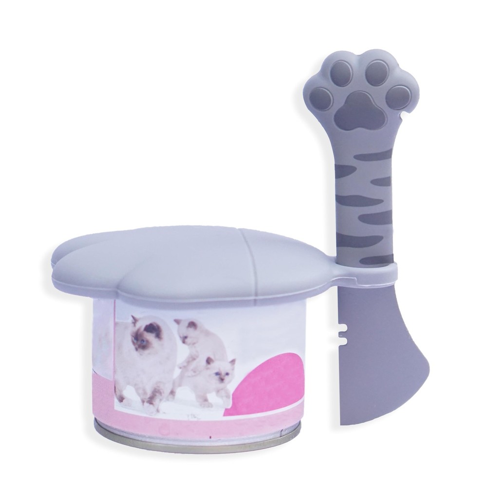 Cute Cat Pet Can Food Cover with Spoon - One Lid and One Spoon Pack (Gray)