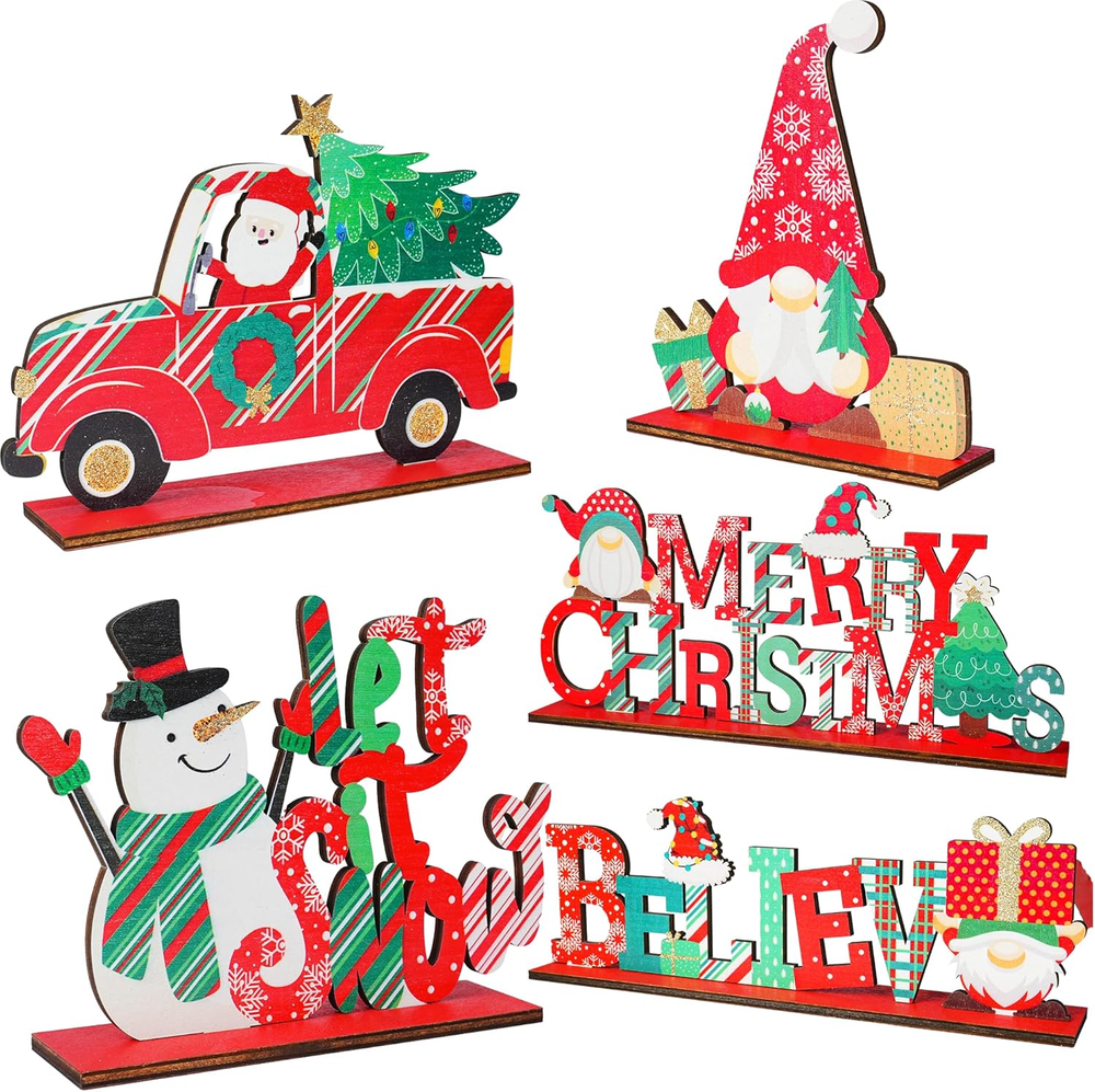 5 PCS Christmas Table Centerpiece Decorations, Wooden Xmas Snowman Santa Claus G
