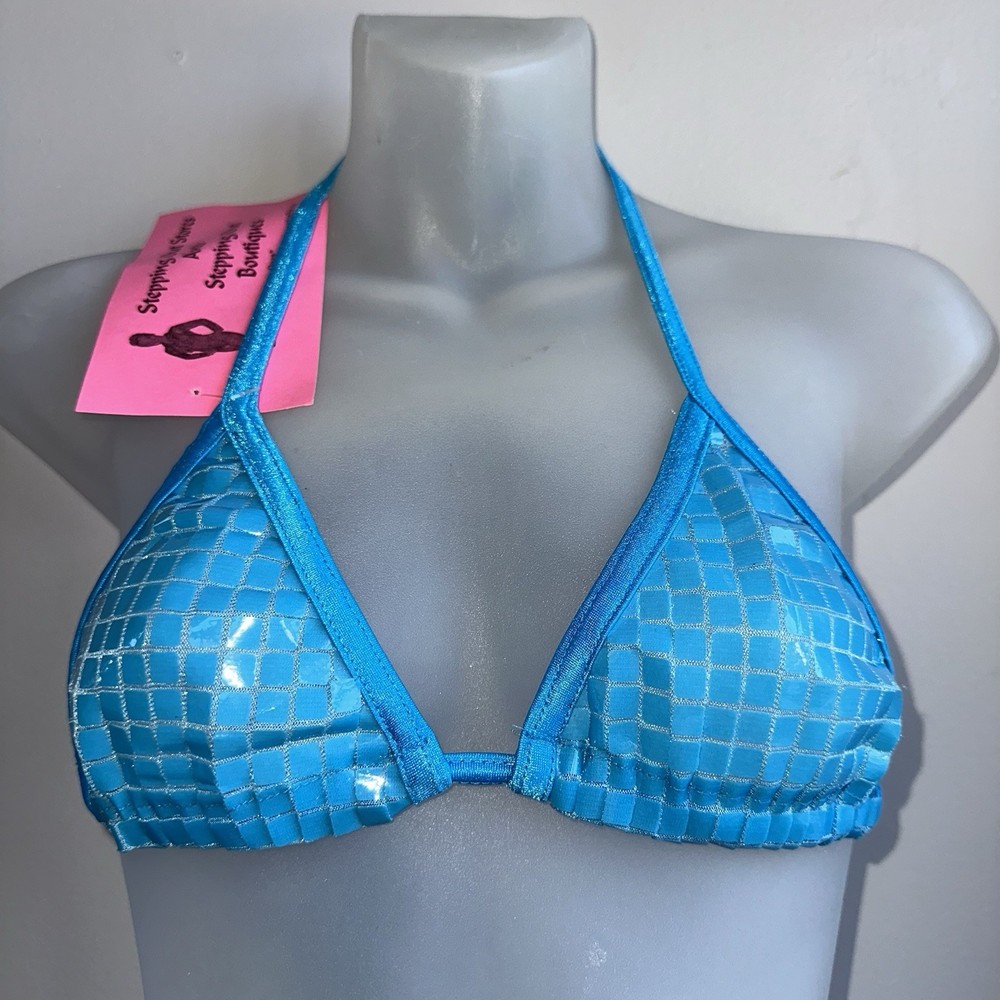 Women’s 90S Y2K Dead Stock Blue Sequin Grid String Bikini Halter Top Sz M NWT ￼