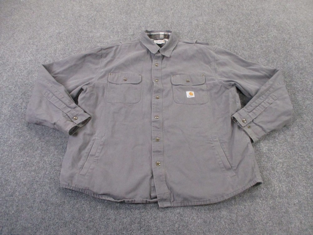 Carhartt Mens XL Gray Canvas Flannel Lined Work Jacket Barn Country Snap