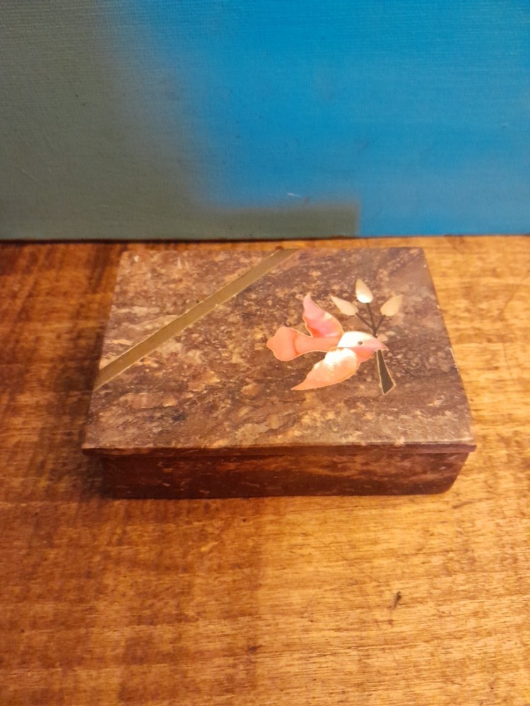 Vintage Soapstone Jewelry Box with Mother of Pearl Bird and Floral Inlay 4x3 Inches