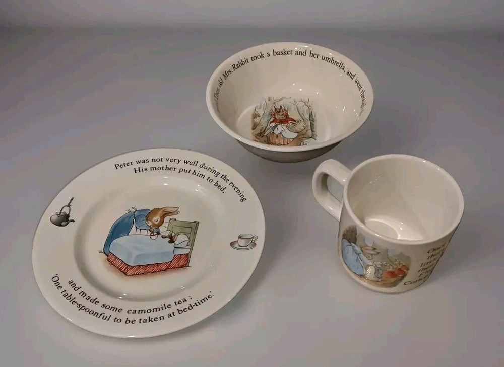 Vintage Wedgwood Peter Rabbit 3-Piece Dining Set with Plate Bowl Cup Beatrix Potter