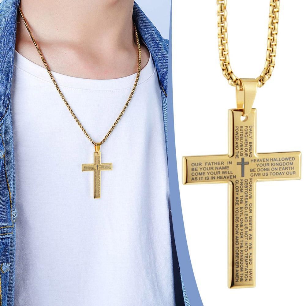 Men's Women's Steel Cross Necklace Engraved with Lord's Prayer