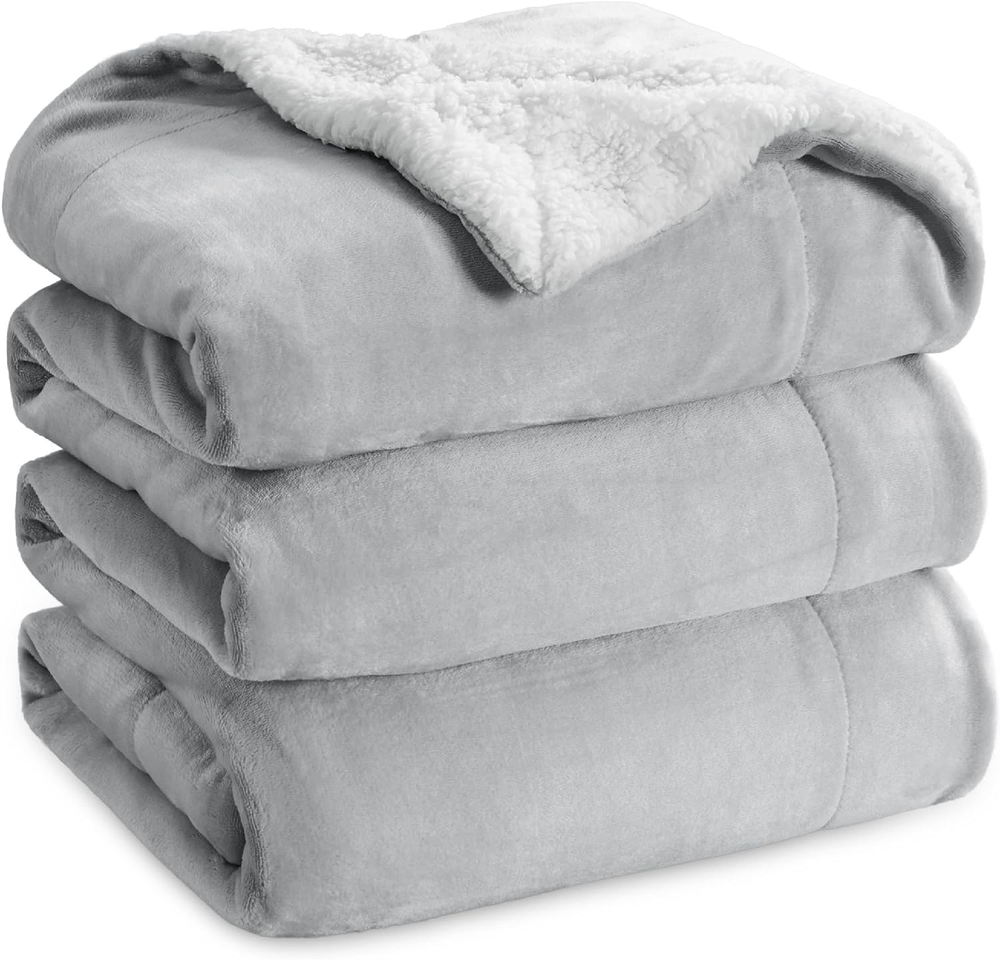 King Size Sherpa Fleece Blanket 108x90 Light Grey Ultra Soft Warm Cozy