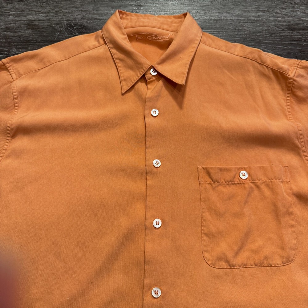 Tori Richard Shirt Mens Large Orange 100% Silk Short Sleeve Button Up Coastal