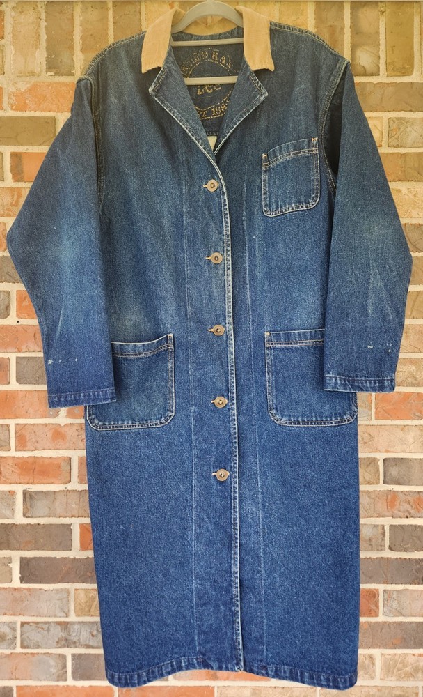 VTG Wrangler Western Corduroy Collar Blue Denim Duster Trench Coat Size Large  
