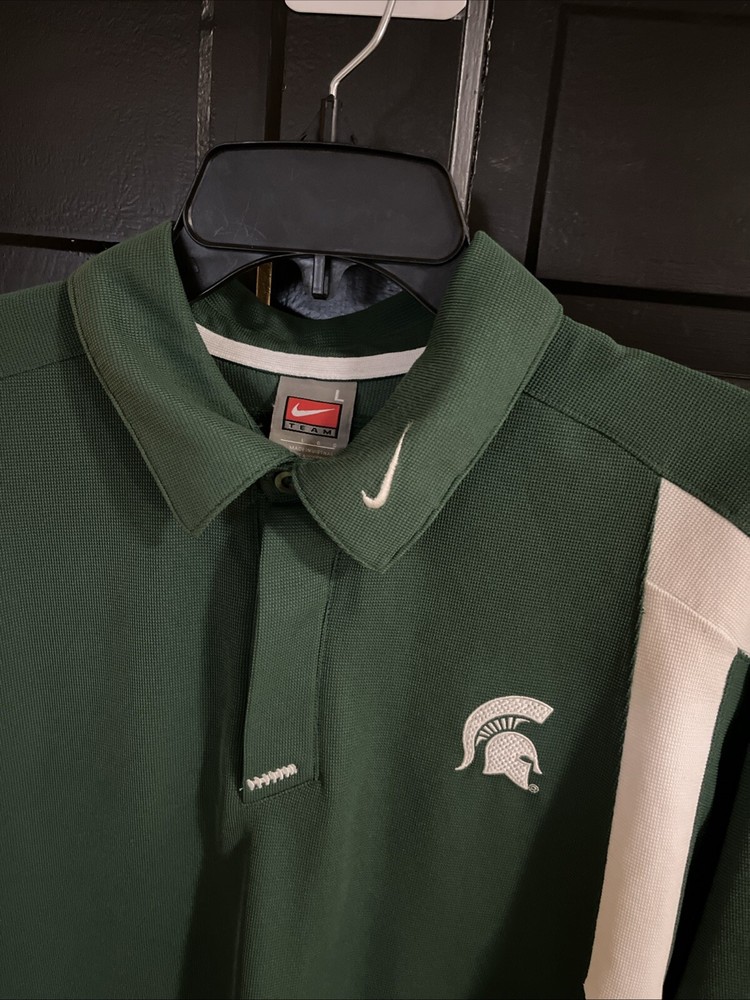 VTG Nike Team Polo Shirt Mens L Michigan State Spartans MSU Green Football Logo