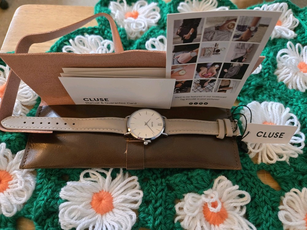 CLUSE Minuit Gray Leather Gold Women's Watch with Pouch & Extra Strap