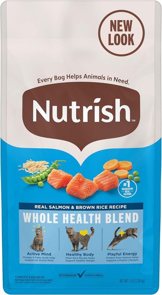 Nutrish Dry Cat Food, Real Salmon & Brown Rice Recipe Whole Health Blend, 3 lb