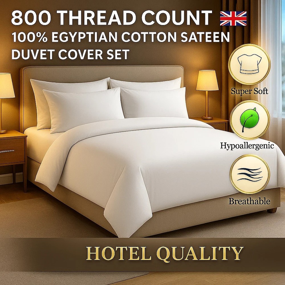 Luxury 800 Thread Count Egyptian Cotton Sateen Duvet Cover Set Pillowcases Hotel