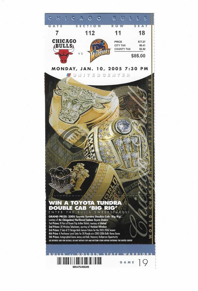 Chicago Bulls vs Golden State Warriors Unused Basketball Ticket from 1/10/2005