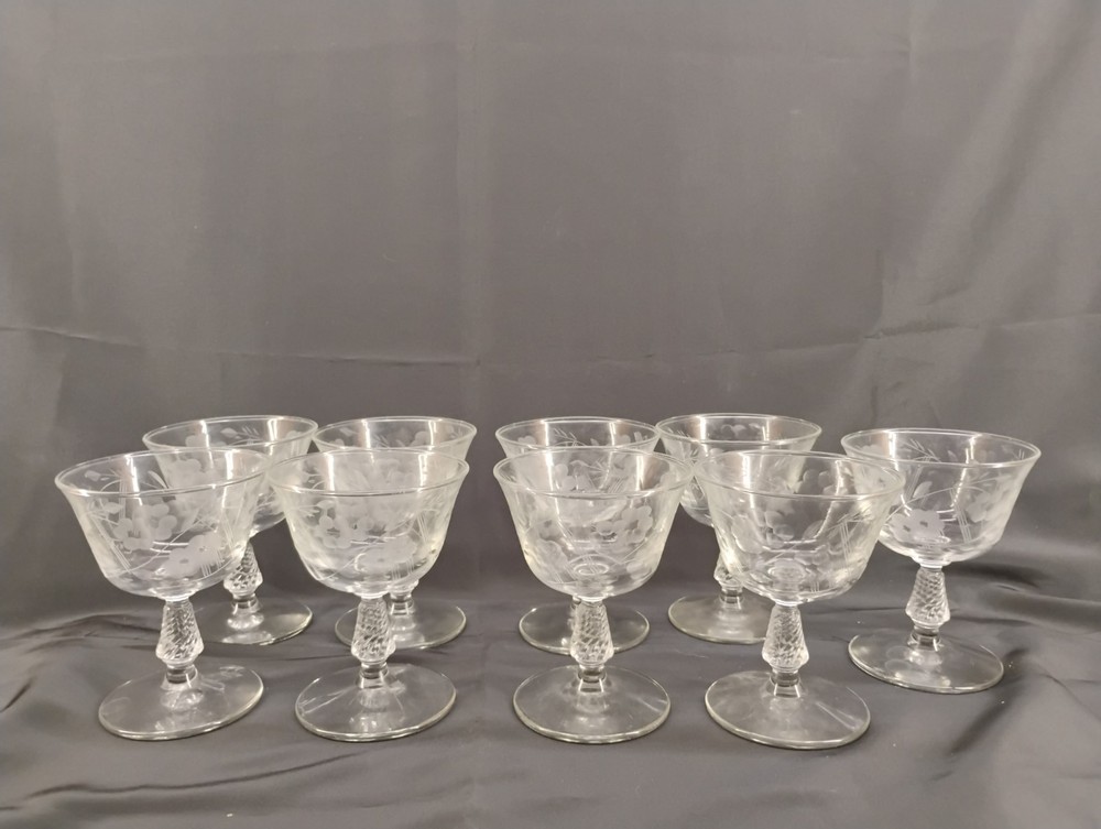 Set of 9 Clear 4.5-Inch Etched Coupe Sherbet Glasses
