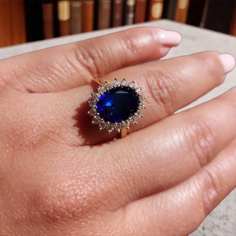 14K Gold Wedding Ring Oval Cut Blue Sapphire Lab Grown 7.20 Ct Natural Diamond