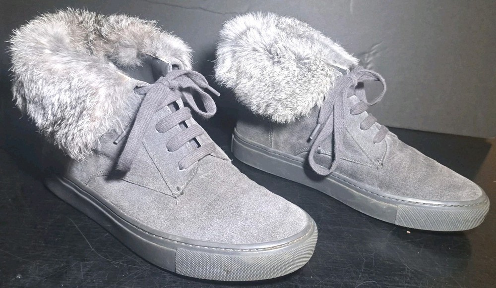 Womens Vince Nyack Gray Suede Rabbit Fur Trim High-Top Leather Sneakers 7M