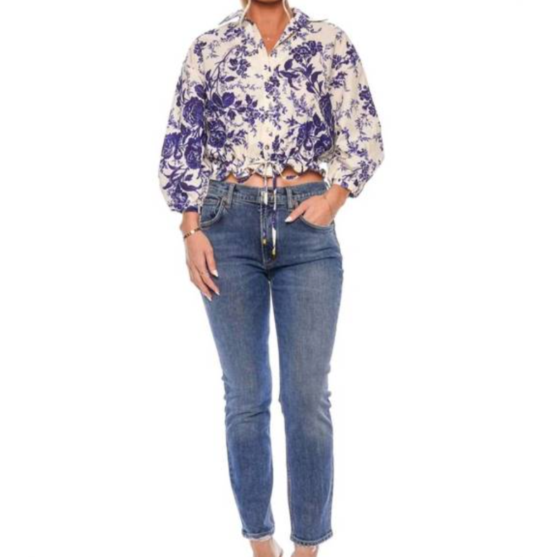 Cara Cara Top Womens Small Blue White Navy Vintage Floral Hutton