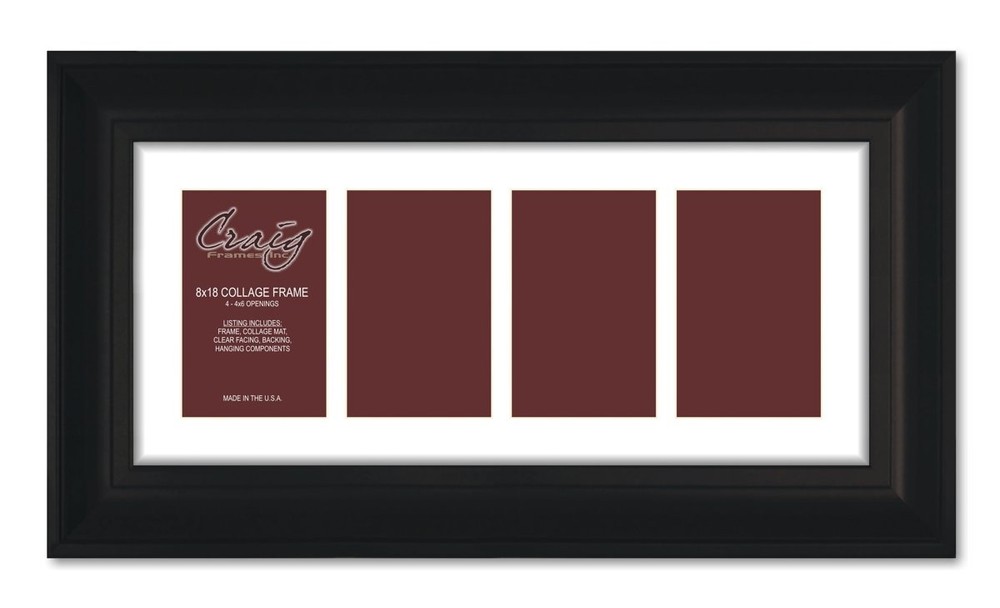 21834700BK 8x18 Black Picture Frame with 4-White Collage Mat Insert