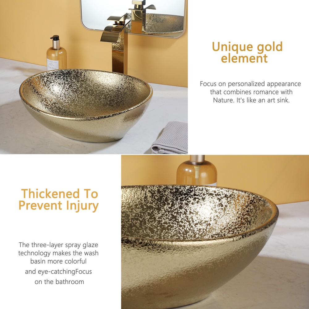 16 Inch Gold Ceramic Vessel Sink Faucet Set with Drain for Bathroom