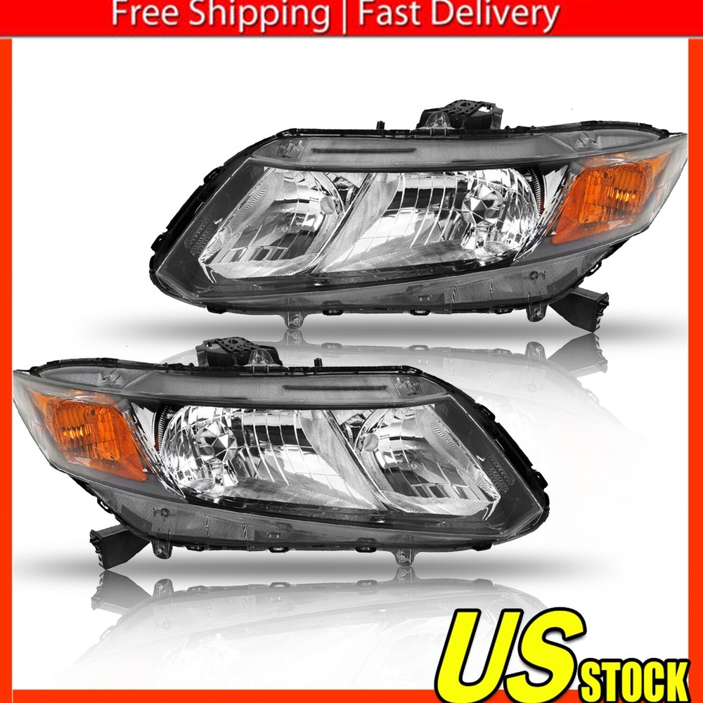 Black Headlights Assembly For 2012-2015 Honda Civic Sedan Coupe Left+Right Pair