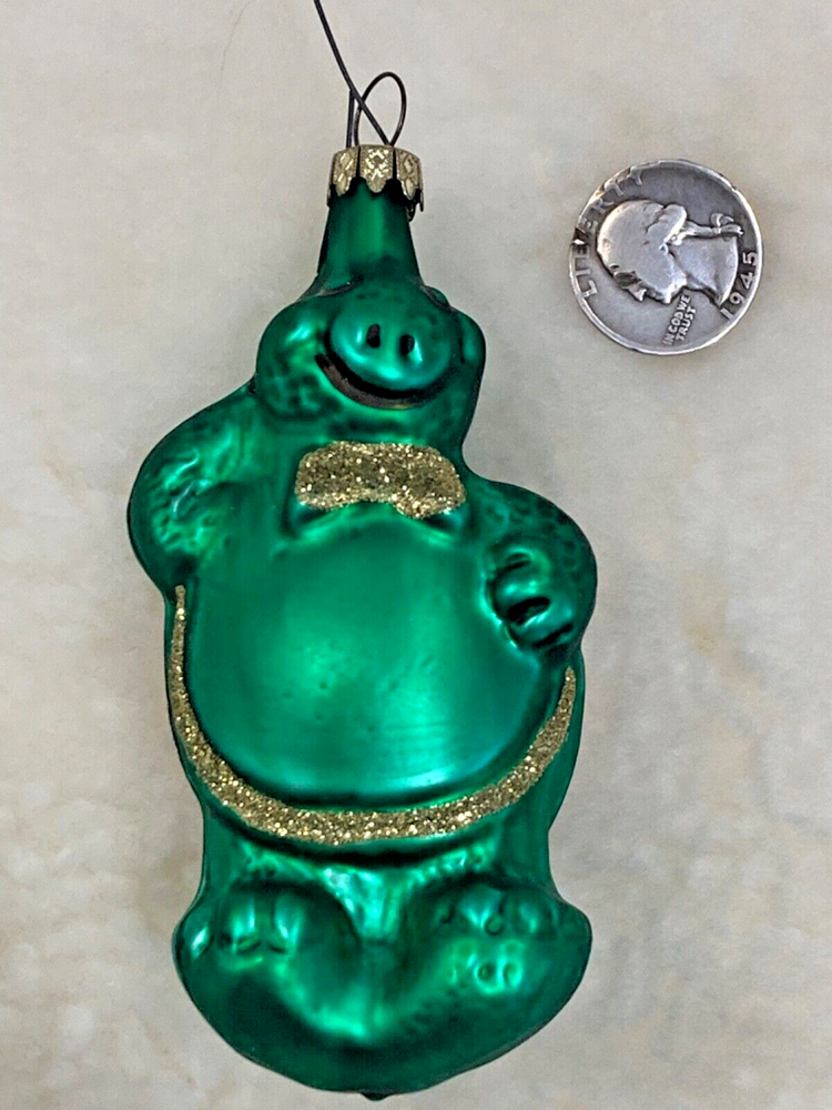 German Green Turtle Glass Christmas Ornament with Gold Glitter Handblown Mercury Finish