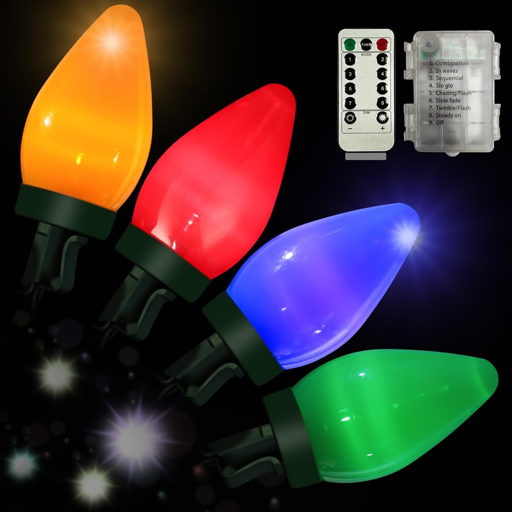 29.5ft 60-LED C7 Battery-Operated Christmas String Lights with 8 Modes