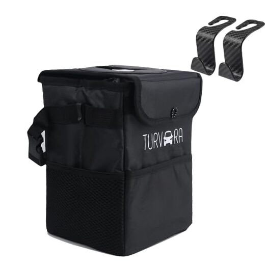 Car Trash Bag and 2 Pack Headrest Hooks, 100% Waterproof Insulated Lining,