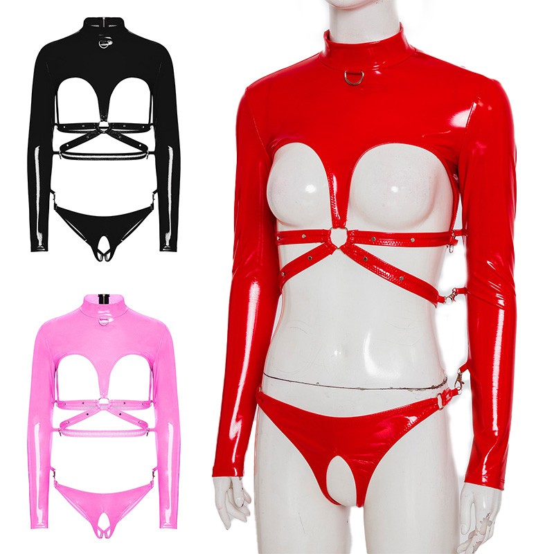 Women Catsuit Hollow Out Clubwear PVC Bodysuit Teddy Jumpsuit Exotic Leotards