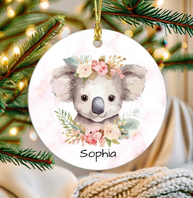 Cute Koala Ornament, Girls Custom Name Ornament, Personalized Christmas Ornam...