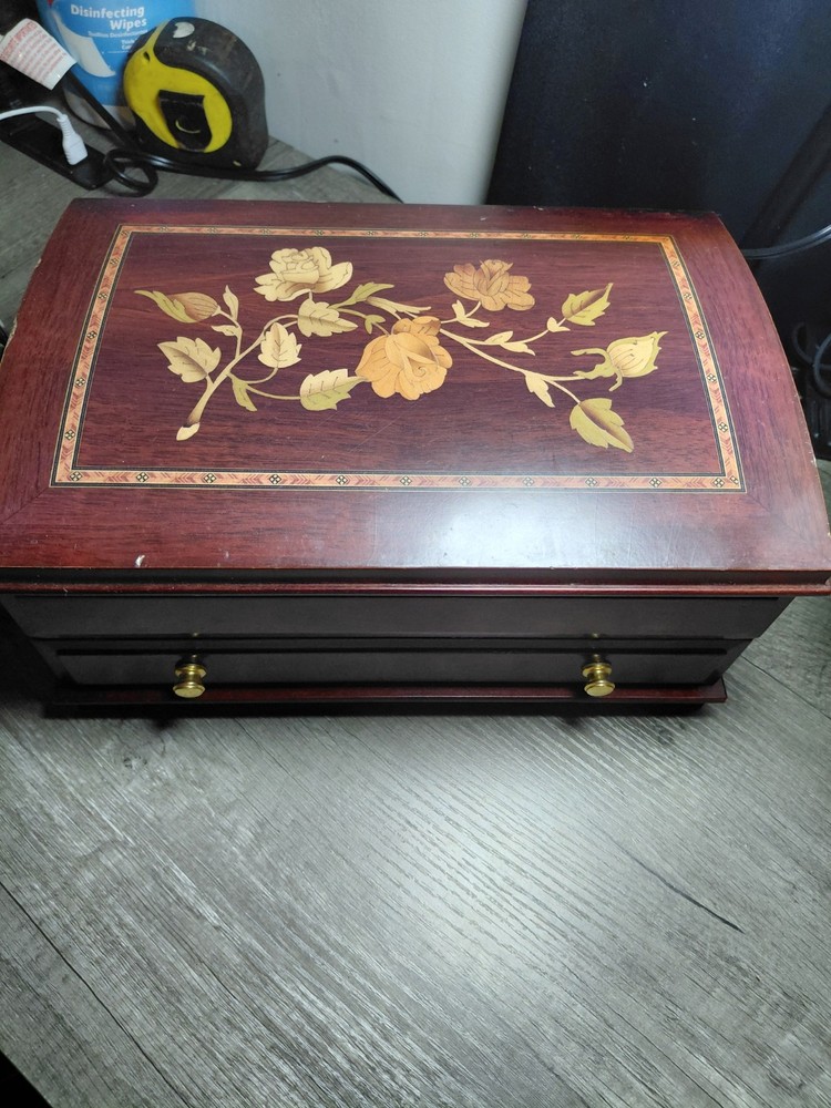 Brown Beige Wood Floral Velvet Lined Jewelry Box with Compartments Drawer Hooks