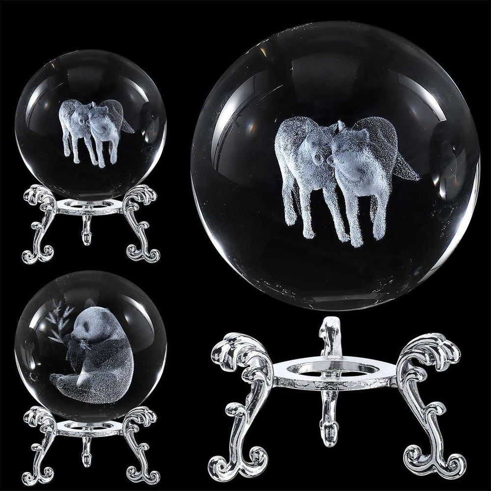 Wolf / Panda Crystal Decor Ball w/Stand 3D Laser Engraved Glass Figurine Decor