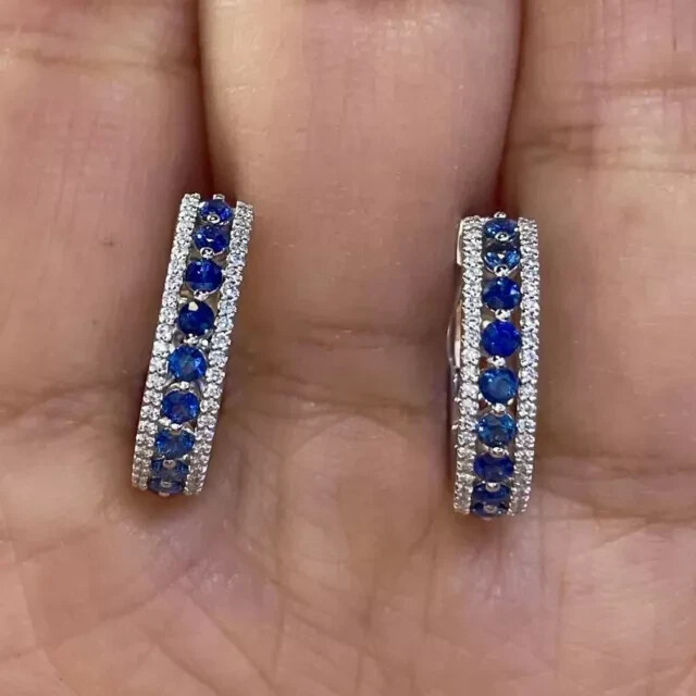 2Ct Round Lab Created Blue Sapphire Hoop Earrings 14K White Gold Plated Silver