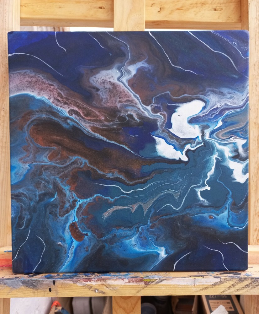 Original Modern Art - Lightning Abstract, Handmade 12x12 Canvas, Blue and White