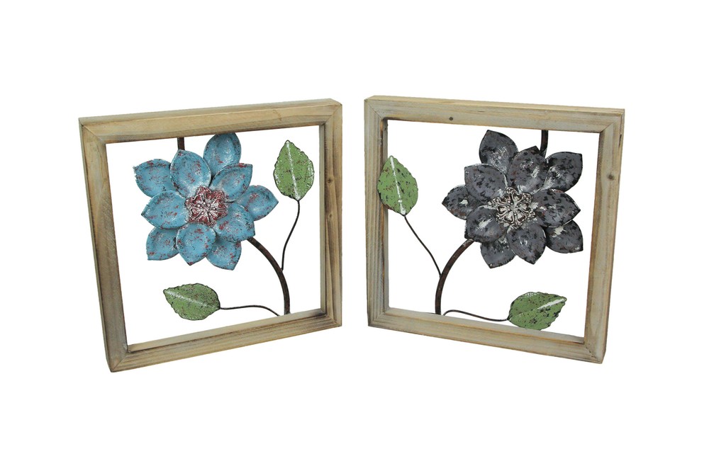 2 Piece Sculpted Metal Flowers Wall Hanging Set With Wooden Frames