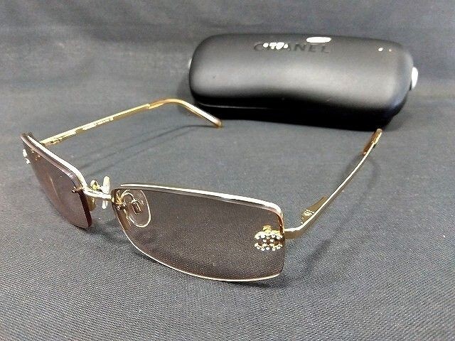 CHANEL 4093-B Rimless Gold Frame Brown Lens Rhinestone Coco Logo Sunglasses