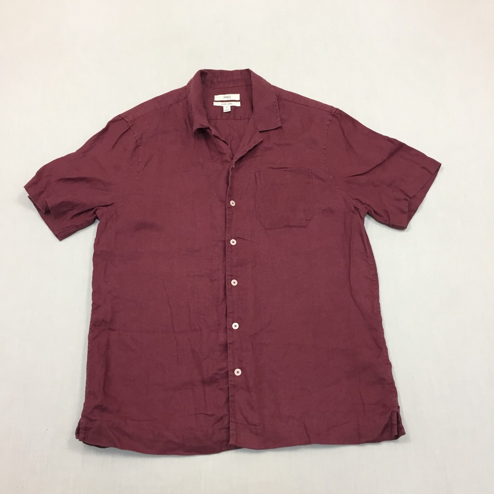 M&S 100% Pure Linen Shirt Mens Medium Button Up Short Sleeve Purple (M)